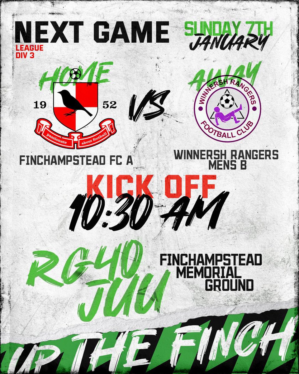 It’s Game Week!!!

We look to bounce back from defeat, as we look to take revenge from our earlier defeat to Winnersh! 

#UPTHEFINCH 🟢⚫️