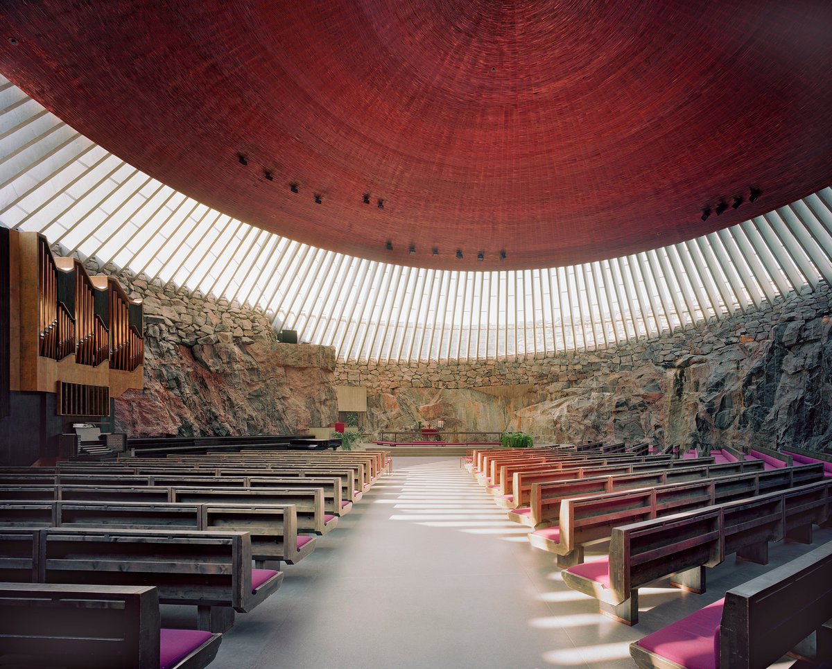 13. Temppeliaukio Church, Helsinki, Finland (1969) Known as the Rock Church, it's a mighty Lutheran church carved into solid stone. Its walls were cut from natural on-site rock formations, and a giant copper roof was hoisted on top.