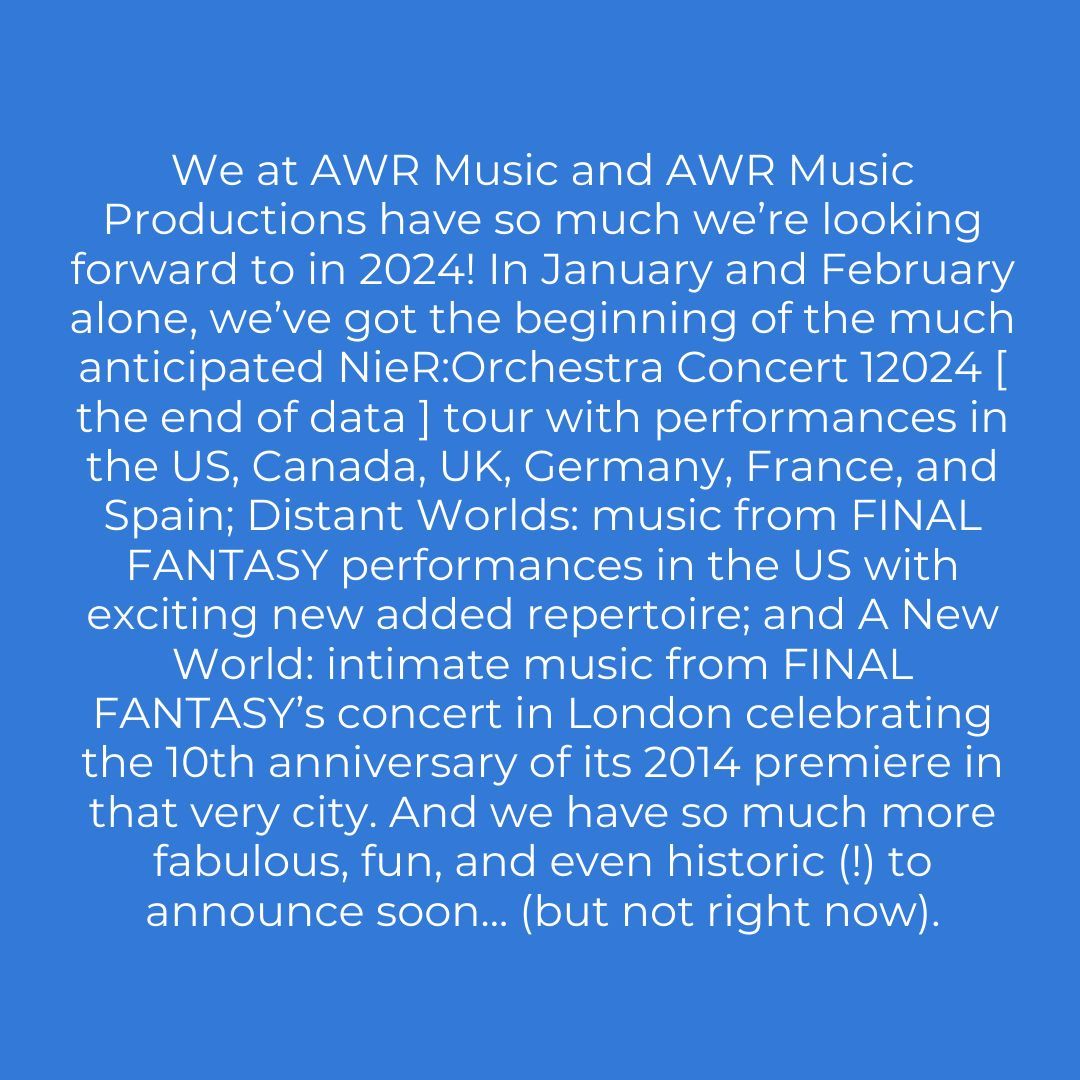 ffdistantworlds's tweet photo. (1/2) Happy New Year! 💙✨
#awrmusic #finalfantasy #ffdistantworlds #distantworlds #finalfantasymusic #orchestra #concert #videogamemusic #vgm #newyear https://t.co/850OSokd87