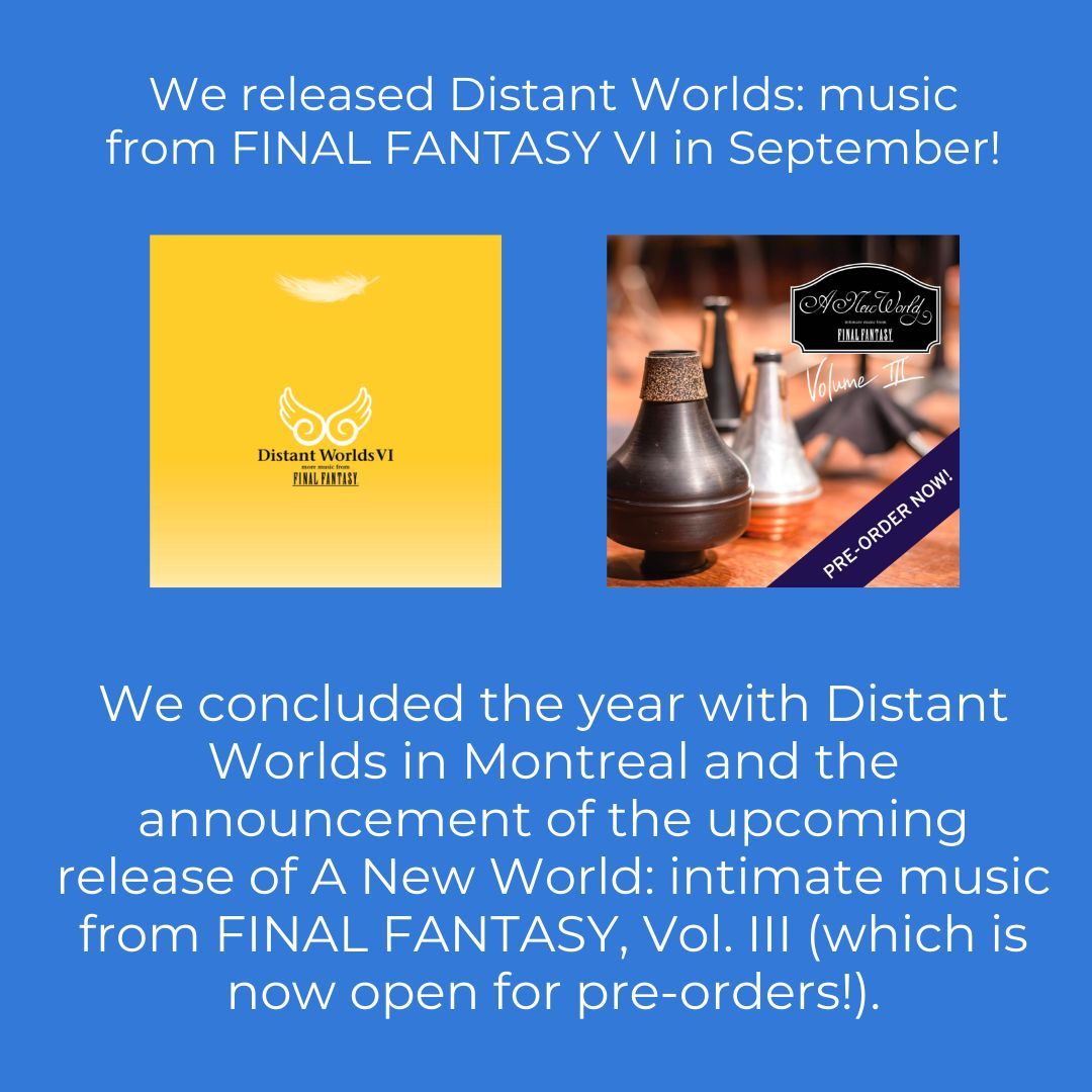 ffdistantworlds's tweet photo. (2/2) Happy New Year! 💙✨
#awrmusic #finalfantasy #ffdistantworlds #distantworlds #finalfantasymusic #orchestra #concert #videogamemusic #vgm #newyear https://t.co/oRlzDVh0NS