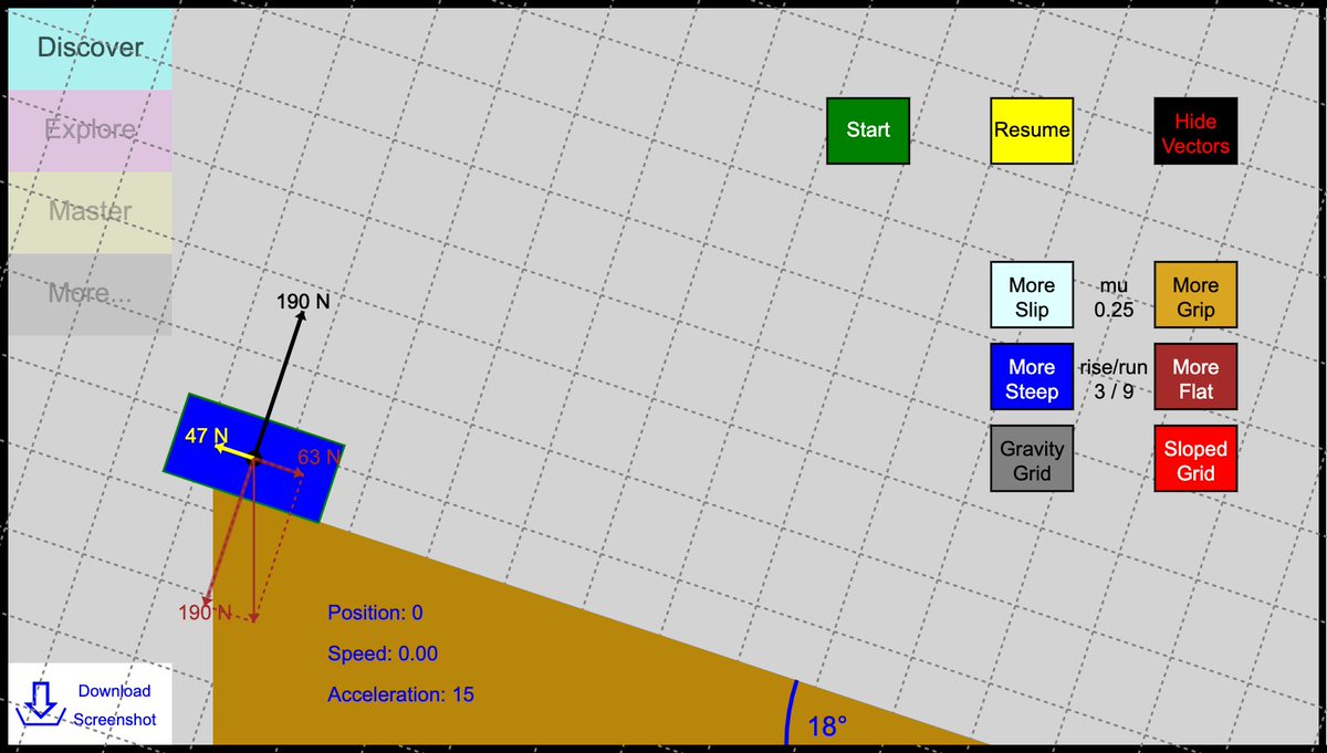 It's been a minute... but here's the next interactive page to my website!

It allows physics students to look at forces from gravity and friction, as well as the "normal force" from a surface--in two different ways. Hope it helps!

scienceoftech.net/phy/sliding-bl…