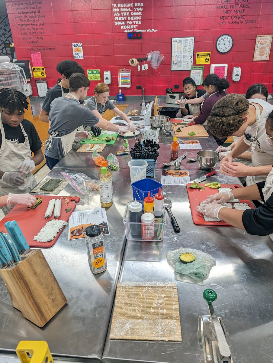 The_ChefX's tweet photo. It's hard to believe that today was the last cooking lab for the semester. Students utilized the entire semester's skills to make sushi from scratch (including sauces)! #NHSCulinary #OneChatham #CTERocks #CookingWithChefX https://t.co/N7CWMdEkAi