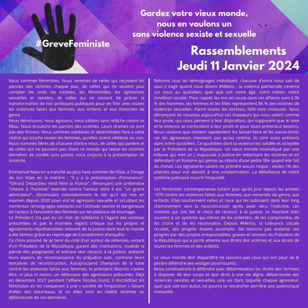 Rassemblement 18h Rue Foch à #tarbes le Jeudi 11 Janvier 2024 !

Gardez votre vieux monde, nous en voulons un sans violence sexiste et sexuelle !

#metoo #violencesfaitesauxfemmes #rassemblement