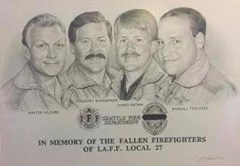 It has been 29 years since the Mary Pang Warehouse fire.

Today we remember the four Seattle Fire Department members whose lives were lost:
 
Lieutenant Walt Kilgore
Lieutenant Greg Shoemaker
Firefighter James Brown
Firefighter Randy Terlicker
 1/2