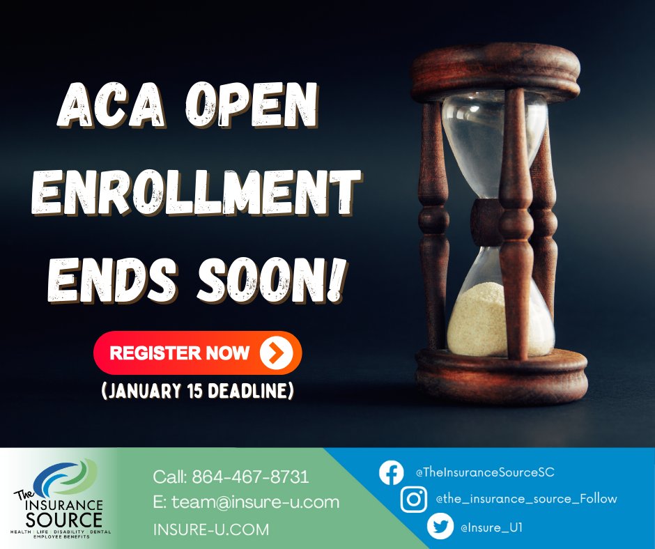 🚨 Last Call Alert! ⏳ Time is of the essence as ACA Open Enrollment approaches its final stretch. 

The deadline is looming – January 15 is the last day to enroll. 

INSURE-U 
#WeMakeHealthInsuranceEasier 

Get Quote Online: Insure-u.com
Or Call (864) 467-8738