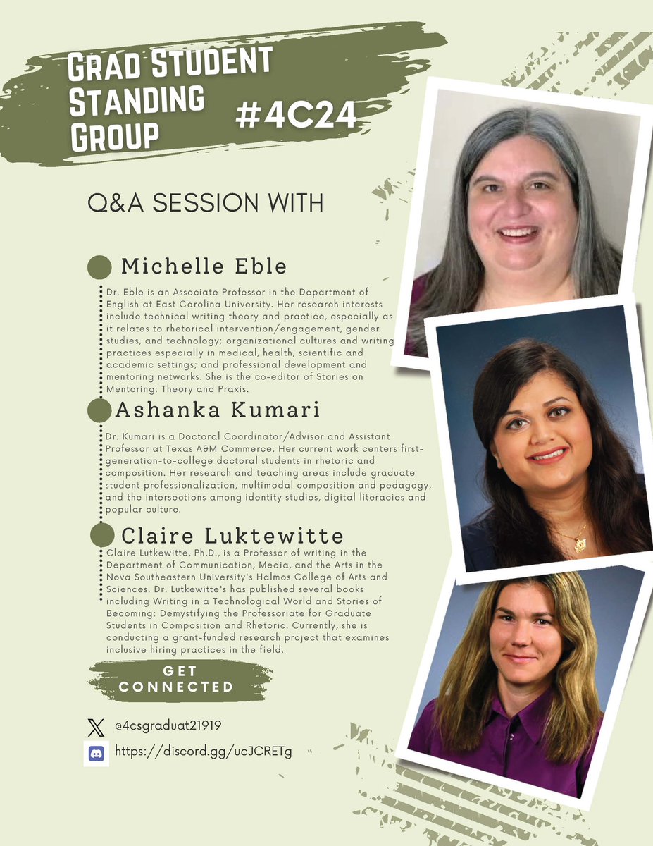 CCCC Graduate Student Standing Group (@ccccgradgroup) on Twitter photo Call all grad students! <a href="/CcccGradGroup/">CCCC Graduate Student Standing Group</a> is hosting a Q&A session at #4C24 with Claire Luktewitte, Ashanka Kumari @LitaStarr and Michelle Eble <a href="/meble/">Dr. Michelle F. Eble</a>! What questions should we ask about issues facing grad students in writing studies?! Call all grad students! <a href="/CcccGradGroup/">CCCC Graduate Student Standing Group</a> is hosting a Q&A session at #4C24 with Claire Luktewitte, Ashanka Kumari @LitaStarr and Michelle Eble <a href="/meble/">Dr. Michelle F. Eble</a>! What questions should we ask about issues facing grad students in writing studies?!