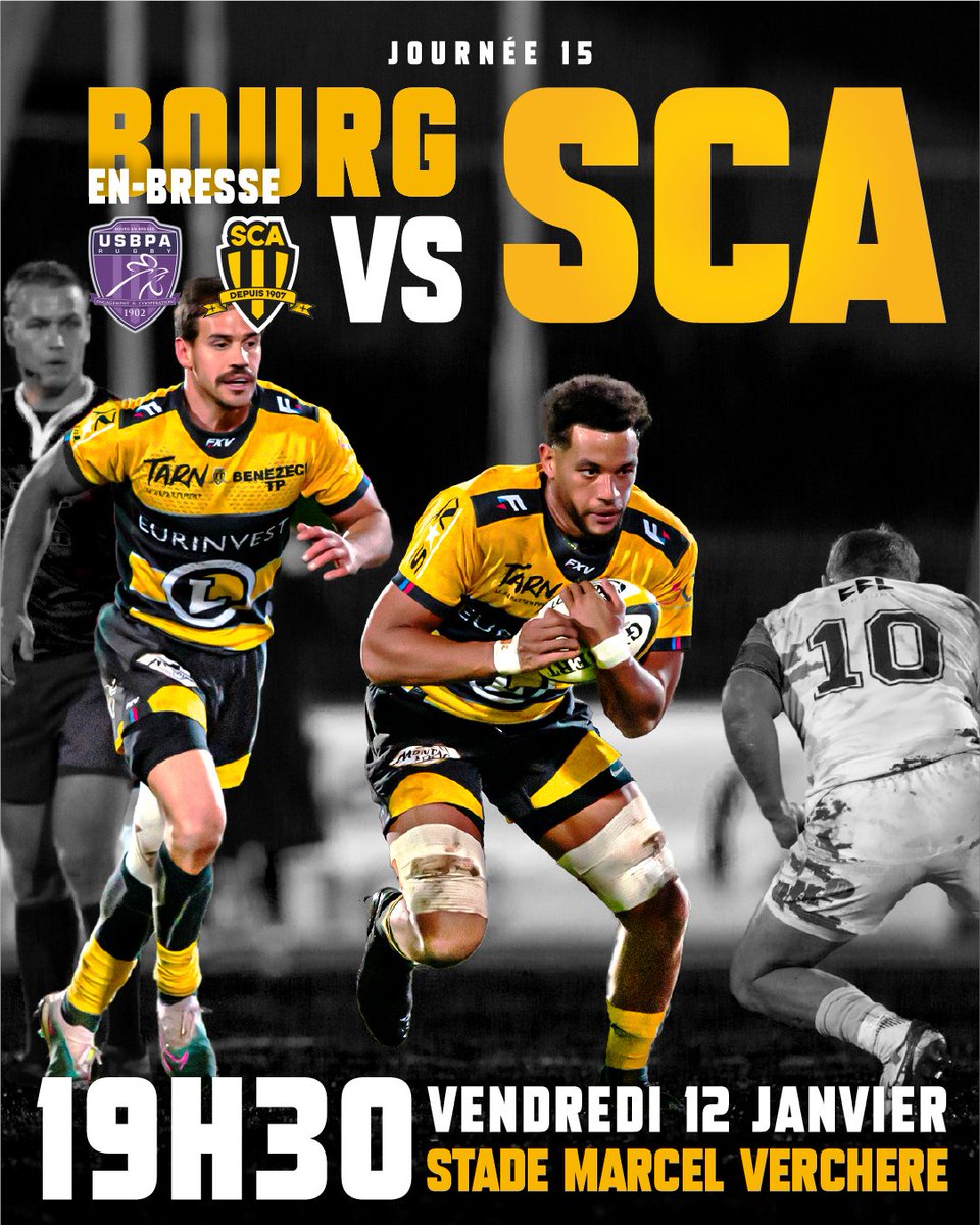 SCA_OFFICIEL's tweet photo. 𝗣𝗥𝗢𝗖𝗛𝗔𝗜𝗡 𝗠𝗔𝗧𝗖𝗛 🔥

Nos Jaune &amp; Noir se déplacent ce vendredi 12 janvier chez les bressans de Bourg en Bresse pour la 15 ème journée de Nationale. 🐝

Tous derrière le SCA 🟡⚫️

#usbpasca https://t.co/nAoBZ8Kmos