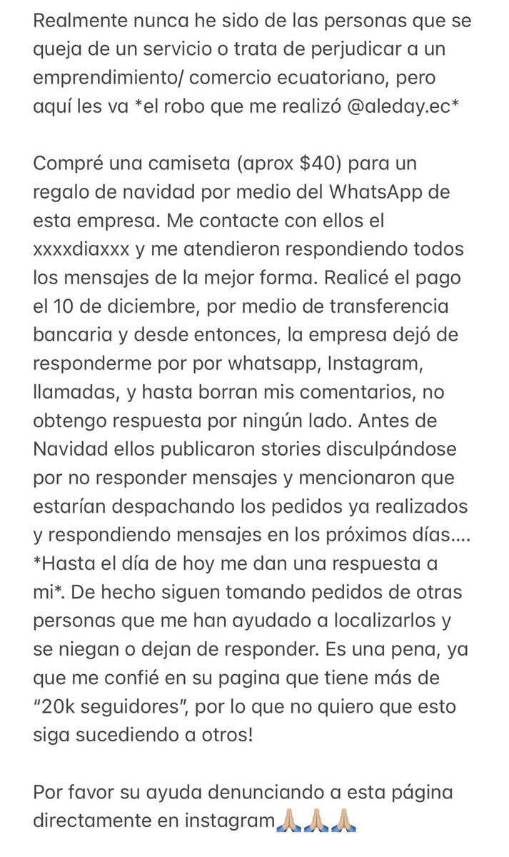 christiannnes's tweet photo. AYÚDENME DENUNCIANDO ESTA CUENTA EN IG‼️https://t.co/CHMxMIn0iM
Nunca he sido de los que se queja de un servicio o quiere perjudicar a una emprendimiento, pero no quisiera que ellos le roben o estafen a otra persona más!!
Aquí les cuento mi mala experiencia con @aleday.ec 

RT!! https://t.co/uSopi7ekm6