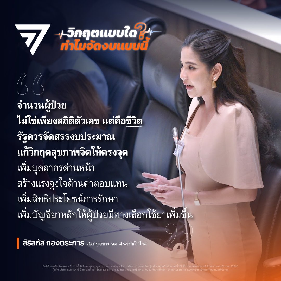 MFPThai's tweet photo. [ ปัญหาสุขภาพจิต วิกฤตที่งบประมาณ ‘ไม่ตอบโจทย์’? ] 

ในการประชุมสภาฯ เพื่อพิจารณาร่างงบประมาณ 2567 สิริลภัส กองตระการ @Sirilapas_mfp สส.กรุงเทพฯ เขต 14 พรรคก้าวไกล อภิปรายเกี่ยวกับงบสาธารณสุข โดยระบุว่า รมว.สาธารณสุข จากพรรคเพื่อไทยได้ยกประเด็นเรื่องสุขภาพจิตและยาเสพติด เป็นนโยบายสำคัญ 1 ใน 13 นโยบาย แต่ดูเหมือนรัฐบาลเน้นให้ความสำคัญกับปัญหาผู้ป่วยจิตเวชจากยาเสพติด แต่ยังให้น้ำหนักกับปัญหาสุขภาพจิตน้อยเกินไป

#งบประมาณ2567 #สุขภาพจิต