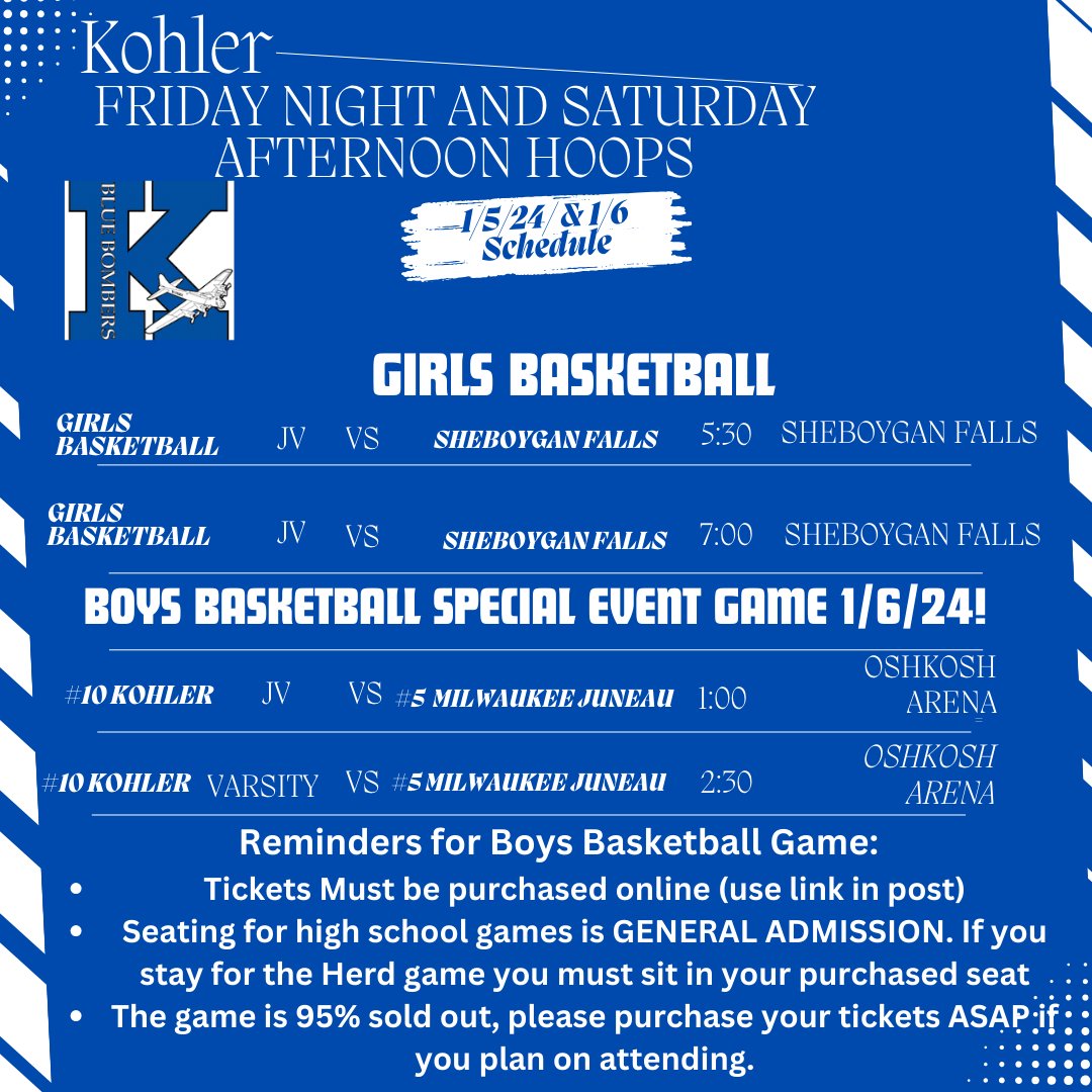 Athletic schedule for the next two days. If you can't make it to the Sheboygan Falls game you can stream it here:

youtube.com/@sheboyganfall…

Purchase tickets for the boys basketball game here (must purchase tickets in advance).
fevo-enterprise.com/event/Kohlervs…