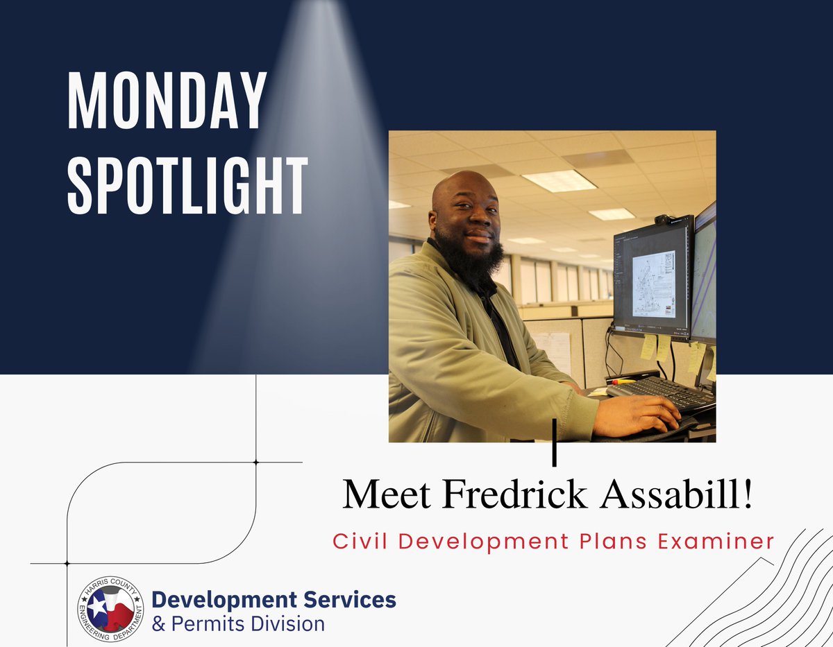 HCEDPermits's tweet photo. Meet Fredrick Assabill! He is a civil development plans examiner. Fredrick reviews commercial development projects to ensure designers and engineers follow Harris County guidelines. He has worked with the County for six months. “I enjoy working on different projects," says Fred. https://t.co/4AdhKDNO3S