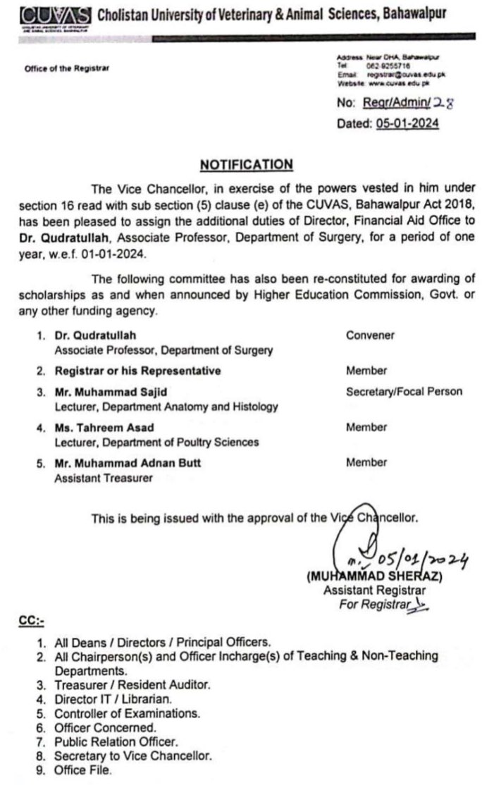 DrQudratullah2's tweet photo. I am grateful to Professor Dr. M Sajjad Khań sb  Vice chancellor  CUVAS Bahwalpur for entrusting me with the role of Director of Financial Aid. InshaAllah, I am committed to doing my utmost to assist underprivileged and talented students, supporting their education. https://t.co/HGMQt1j6WY