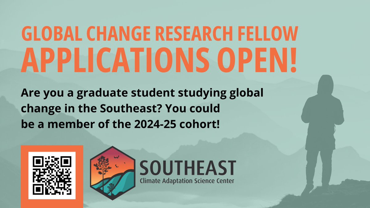 🌎 Attention graduate students working on interdisciplinary climate change research in the Southeast: Applications for the SE CASC 2024-25 cohort of Global Change Research Fellows are open! Learn more and apply before Feb 15: go.ncsu.edu/apply-2024-gcrf @usgs_climate