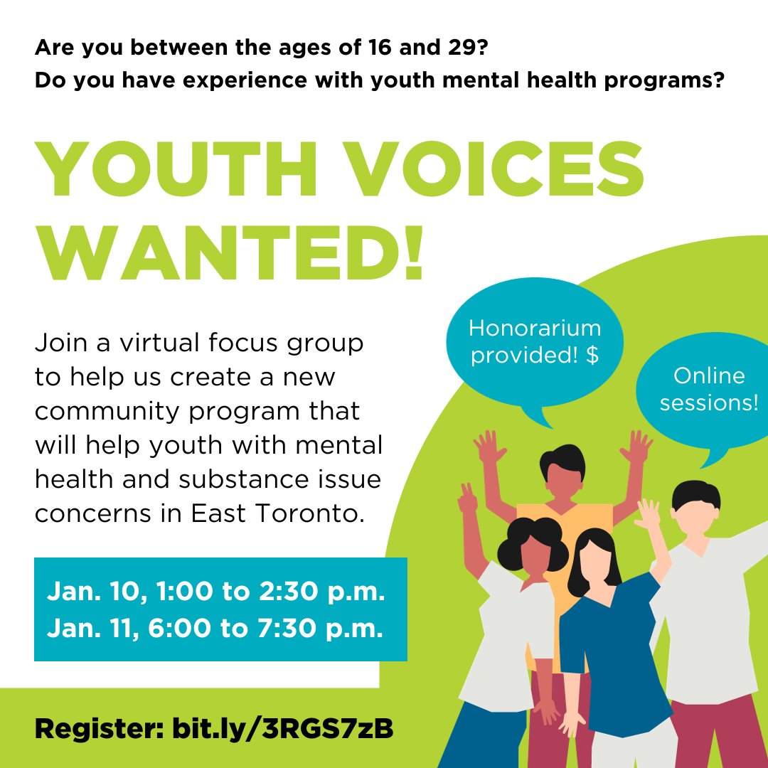 We’re partnering with <a href="/WoodgreenDotOrg/">WoodGreen Community Services</a> to create a new mental health and substance use program for youth in East Toronto! Join us for one of two virtual focus groups. 

🖊️ Register at bit.ly/3RGS7zB 
❓  For more info, email YWC@woodgreen.org