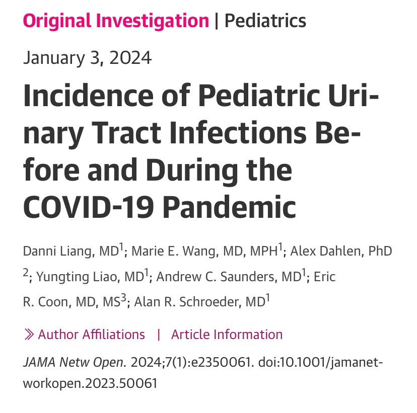 Huge congrats to @dxl273 and team on this important @JAMANetworkOpen publication exploring trends in pediatric UTI pre and post pandemic 📰: jamanetwork.com/journals/jaman… #Tweetiatrician #HowWeHospitalist