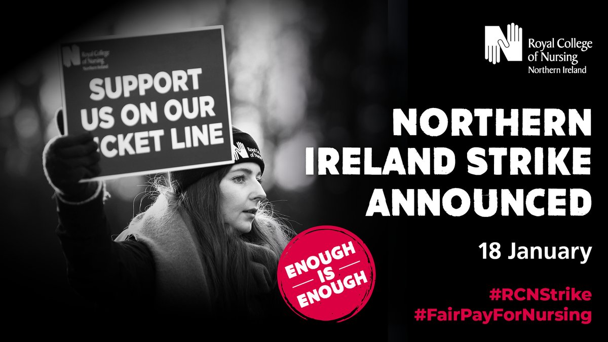 The RCN (@thercn) on Twitter photo 📣 NEW #RCNSTRIKE ANNOUNCED:
Members in <a href="/RCN_NI/">RCN Northern Ireland</a> on AfC will strike on 18 Jan as unions fight for fair pay and parity with UK colleagues.
“It's nothing short of immoral...we have no choice but to take further action”
Read More: bit.ly/3RLTY60
#FairPayForNursing 📣 NEW #RCNSTRIKE ANNOUNCED:
Members in <a href="/RCN_NI/">RCN Northern Ireland</a> on AfC will strike on 18 Jan as unions fight for fair pay and parity with UK colleagues.
“It's nothing short of immoral...we have no choice but to take further action”
Read More: bit.ly/3RLTY60
#FairPayForNursing