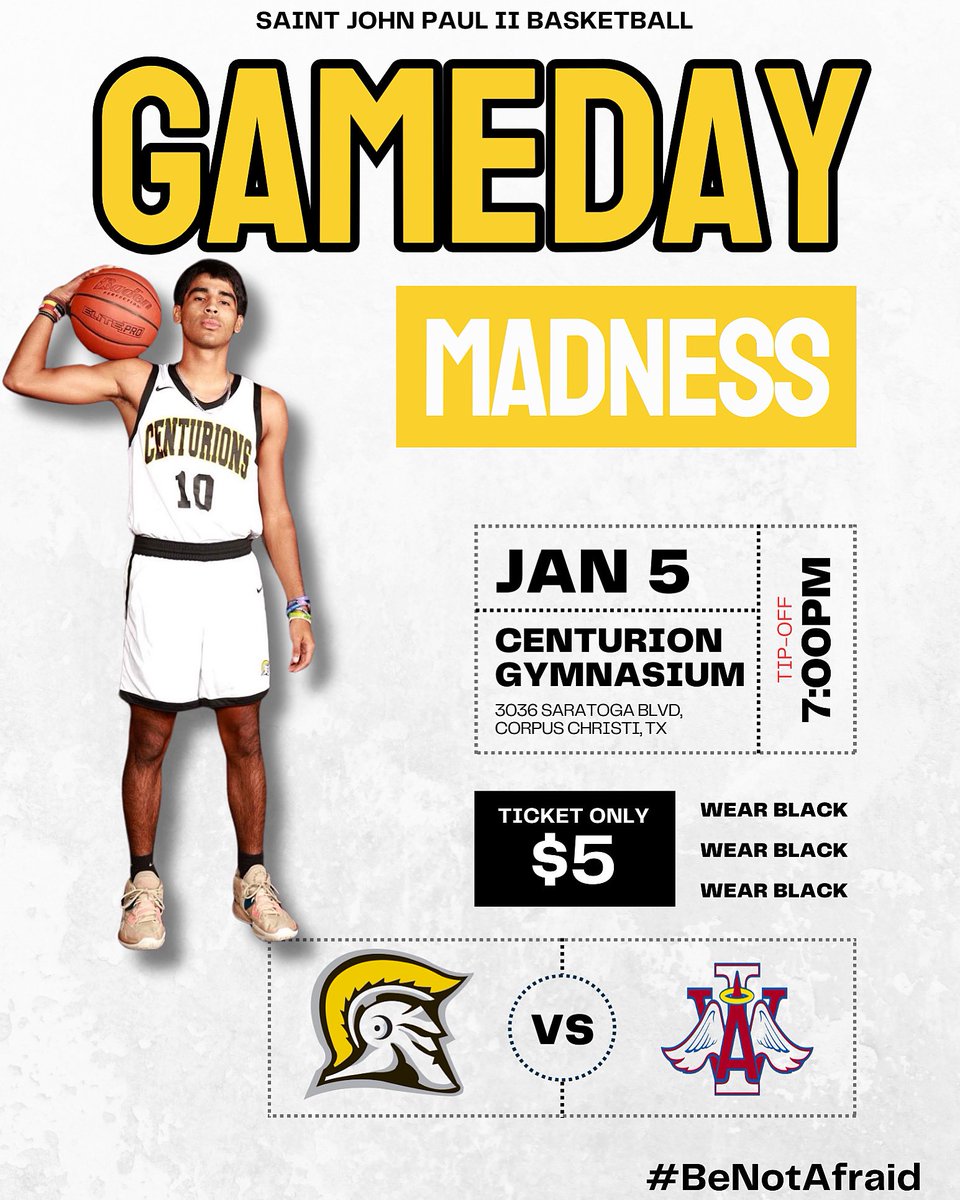 JPII_Basketball's tweet photo. Game Day 🏀 

🆚 Incarnate Word Academy 

📍 Centurion Gymnasium 
🗓 January 5th
⏰ 7:00pm
🎟️ $2 - $5

WEAR BLACK ⚫️⚫️⚫️

Come out and support‼️

#BeNotAfraid https://t.co/XuKF02qgtn