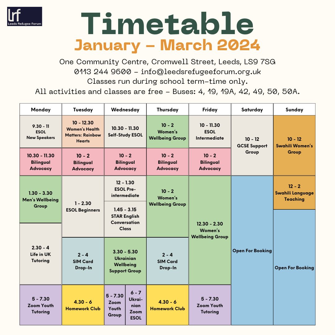 Check out the timetable for Leeds Refugee Forum - January to March 2024! A reminder that all of our activities and services are free 🌟 We will be reopening our doors on Monday the 8th of January!