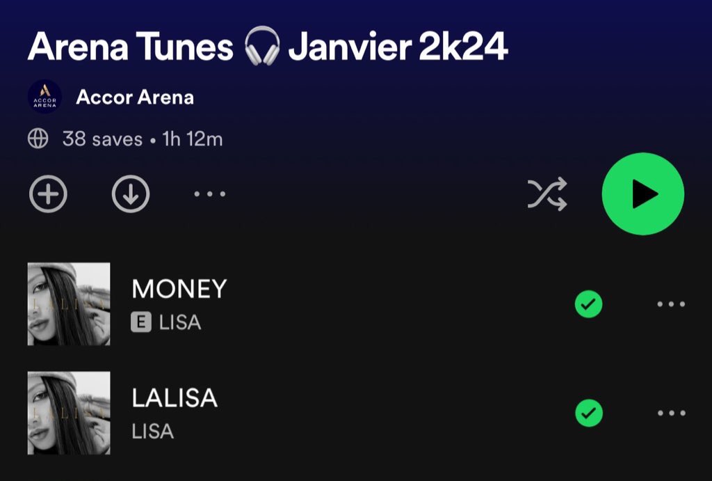 تتواجد أغاني #MONEY و #LALISA ضمن قائمة تشغيل حفل 'Le Gala des Pièces Jaunes' الذي ستؤدي به ليسا في أكور أرينا (26 يناير) في فرنسا 🇫🇷 

🔗 open.spotify.com/playlist/3zedT…