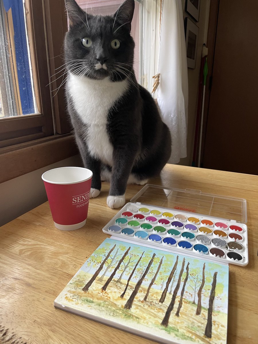 runswstilettos's tweet photo. Always ready to help! #art #painting #watercolors #cat #cats #tuxedocats  #catmom #catshelping #artistscat #rescuekitty #sheltercat #inspiration #creativity ⁦@LindseySlaterTV⁩ ⁦@Mark_Baden⁩ ⁦@ShouldHaveCat⁩ https://t.co/qjqj9rLABJ