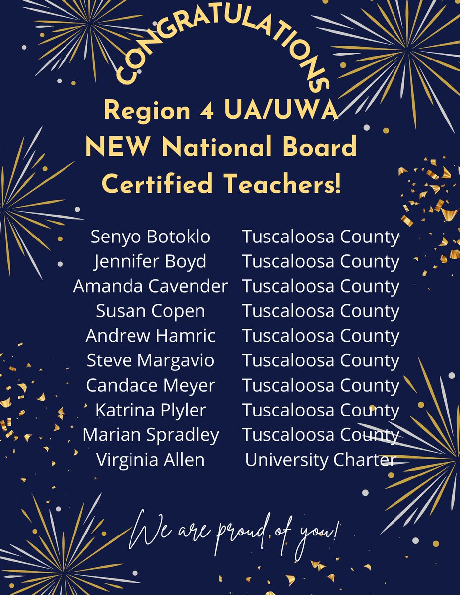 Congratulations to our new NBCTs in Region 4! We are so proud of your hard work and appreciate your commitment to your profession and your students! Job well done!! @SCBOE60 @TCSBoardofEd @tcss_schools @UCSTrailblazers @alnbctnetwork