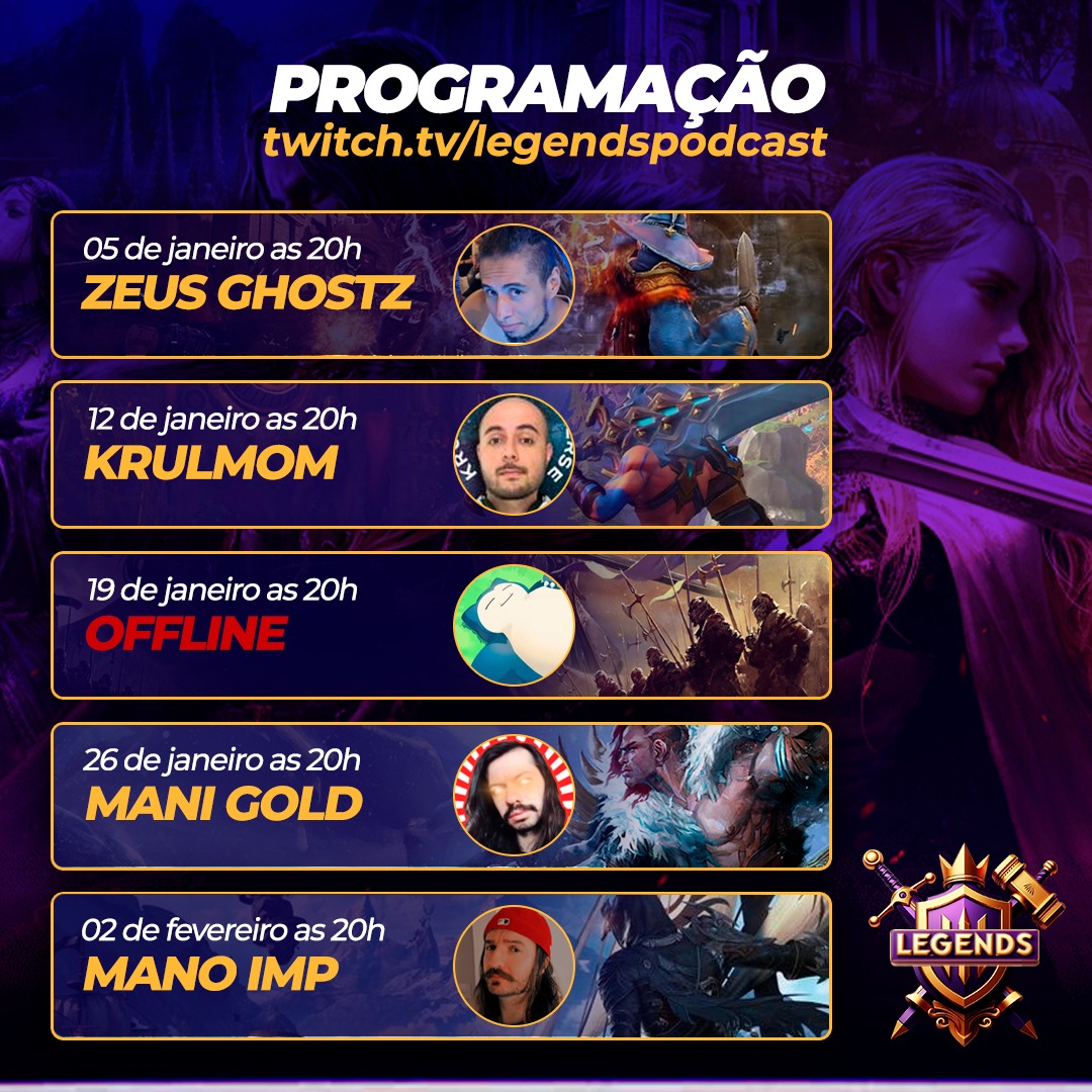 legendspod_cast's tweet photo. O Legends Podcast é um programa dedicado a MMORPGs toda sexta-feira às 20h. Da uma sacada na nossa programação. Contamos com o seu apoio. 💜💛 #mmorpg #mmo #gamer #podcast https://t.co/2yYvp26OJE