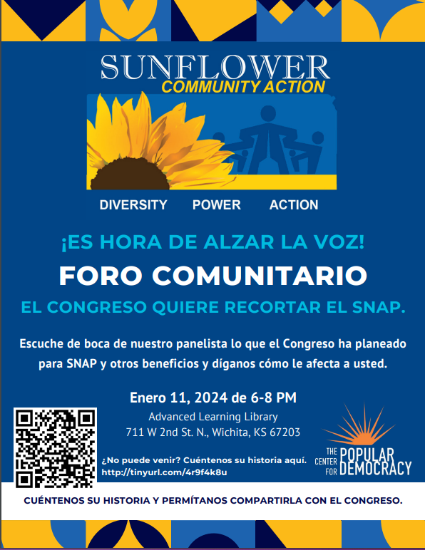 Don't let Congress cut SNAP and other vital benefits! Attend our community forum in Wichita on Jan 11th to learn more and share your story. Together, we can make a difference! #SunflowerCommunityAction #KS1