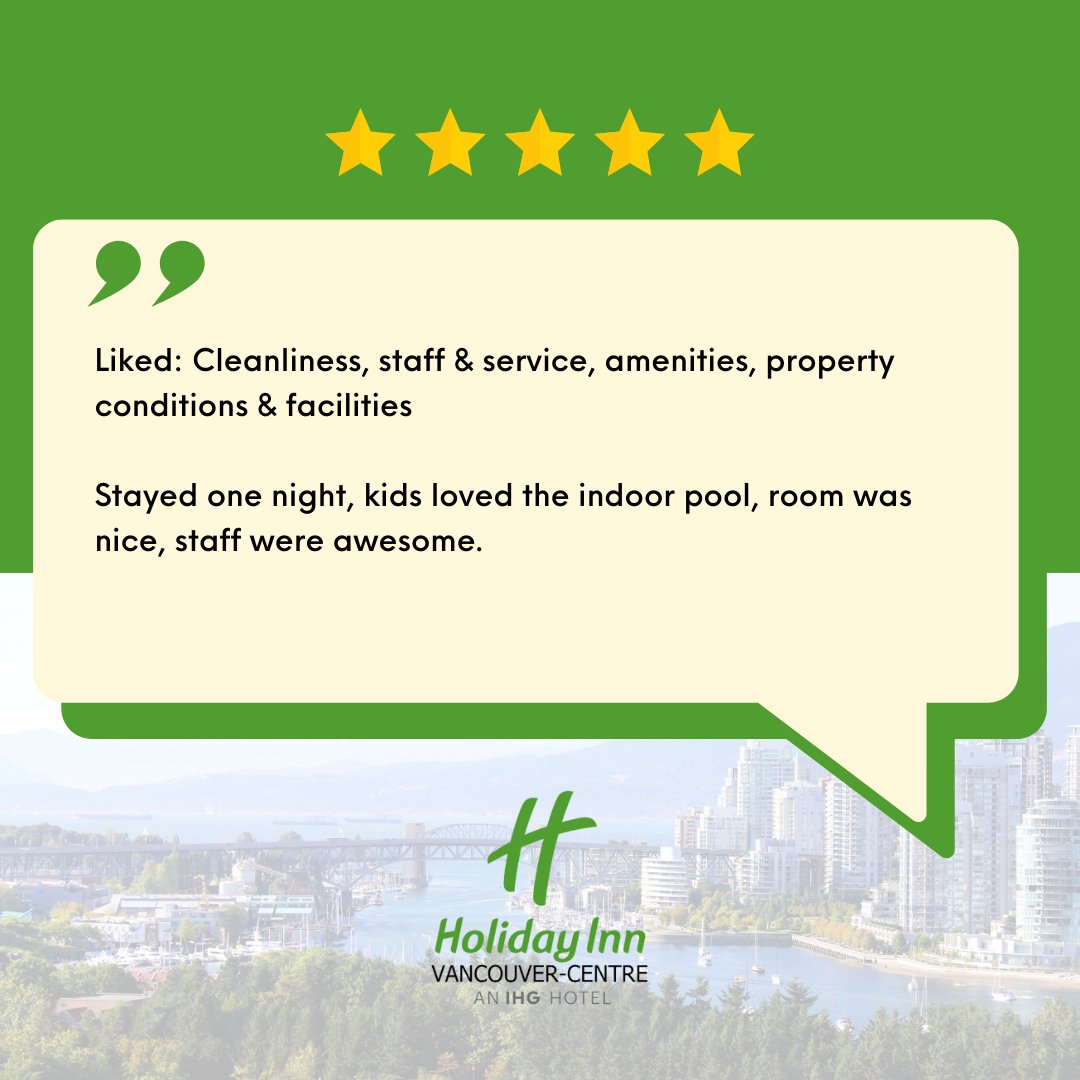 hivancouver's tweet photo. Thanks for the love! One night, endless smiles – our indoor pool is always a hit with the little ones! Glad you enjoyed the cozy room and experienced our awesome staff. Looking forward to hosting you again!
#HolidayInnVancouverCentre #ExperienceIHG #IHGOneRewards #pool https://t.co/LeoD0NB0NB