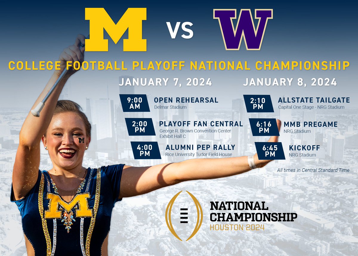 Our #NationalChampionship schedule is here! We can't wait to see you in Houston! 🏈 Go Blue, beat Washington! Click here for details: myumi.ch/Jpm1r
⁠
#UMichBand #GoBlue #CFBPlayoff