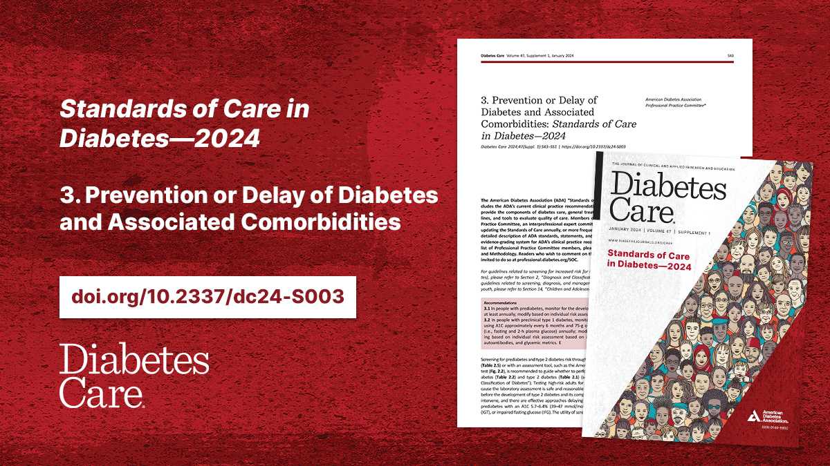 📚Standards of Care in Diabetes—2024 🔎Access Section 3 (free): Prevention or Delay of Type 2 Diabetes and Associated Comorbidities 👀doi.org/10.2337/dc24-S…… #diabetes #standardsofcare #soc2024 @DiabetesCareADA @ADA_DiabetesPro @AmDiabetesAssn