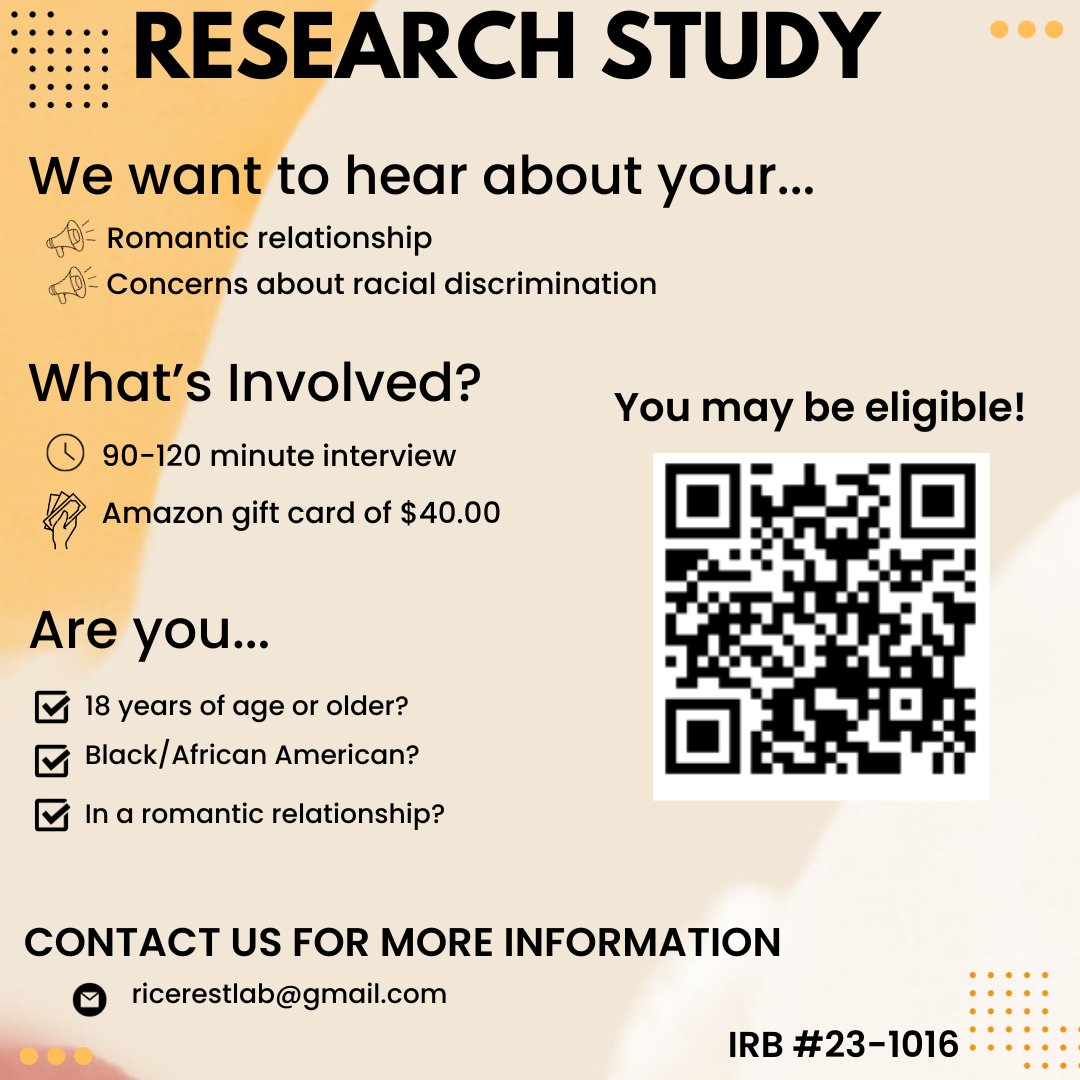 ✨Participants Needed✨Interested in talking about your romantic relationship and racial discrimination? You might qualify for our study! See the image below for more details!