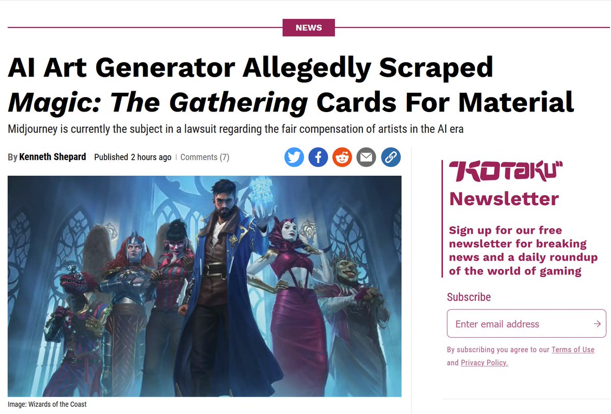 Rahll's tweet photo. News about Midjourney scraping Magic: The Gathering for their AI image generation made Kotaku. Midjourney has made headlines for their business practices two days in a row now, and there's more coming...

https://t.co/zYgw3h6g5V https://t.co/6Tcojr9vkG