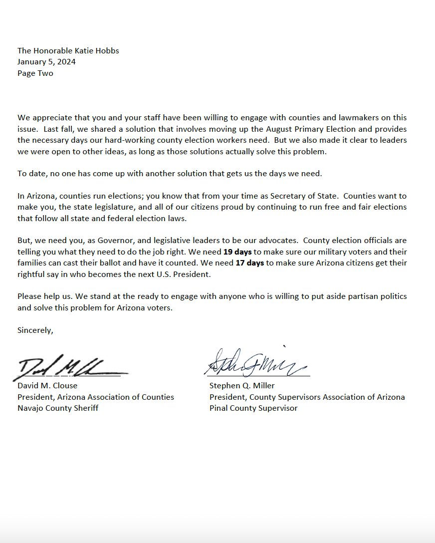 Arizona election officials ask the Legislature to move up the Aug. primary date to help with timeline issue now that we (probably) face statewide recounts every election. This letter says that's the only solution anyone has come up with so far 'that gets us the days we need.'