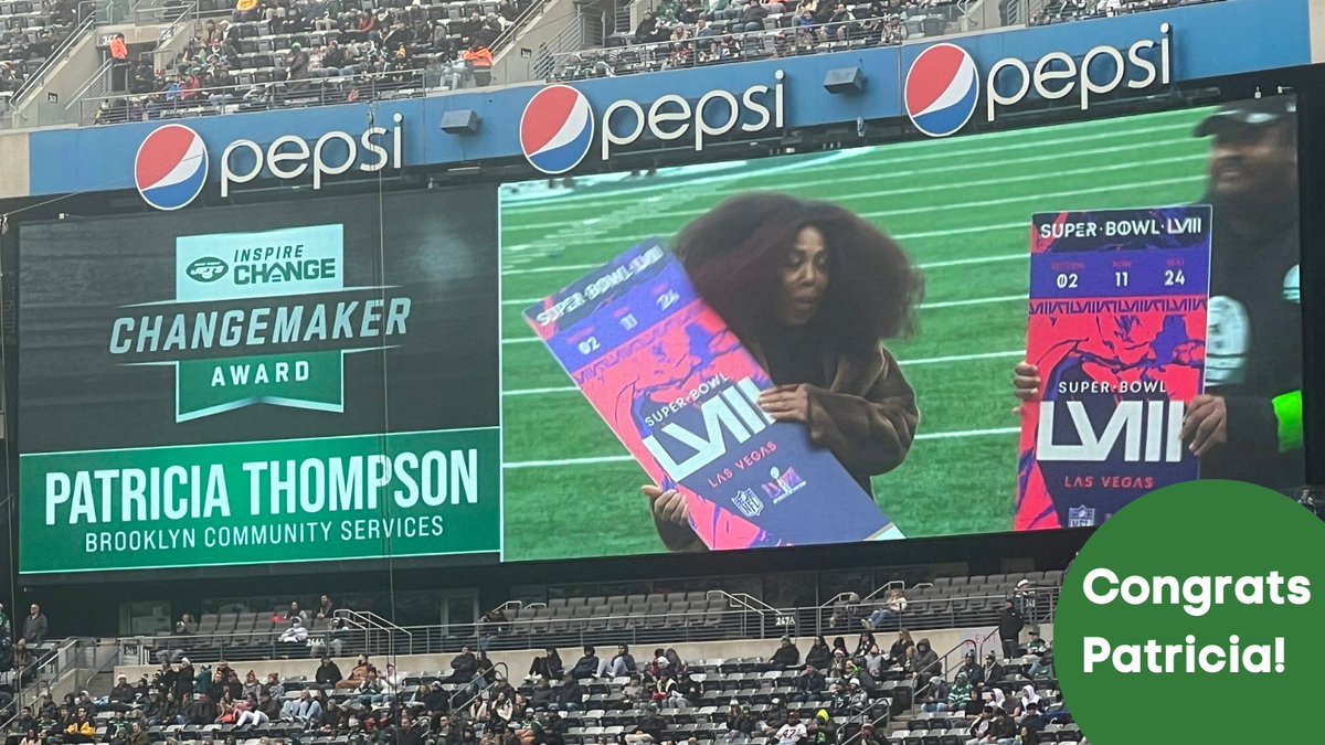 BCS staff member, Patricia Thompson, was recognized by the @nyjets with the @NFL Inspire Change Changemaker Award for her work as an educator at BCS' PS 306 after school program. At their Christmas Eve game, the Jets surprised her with a trip to this year’s Super Bowl!