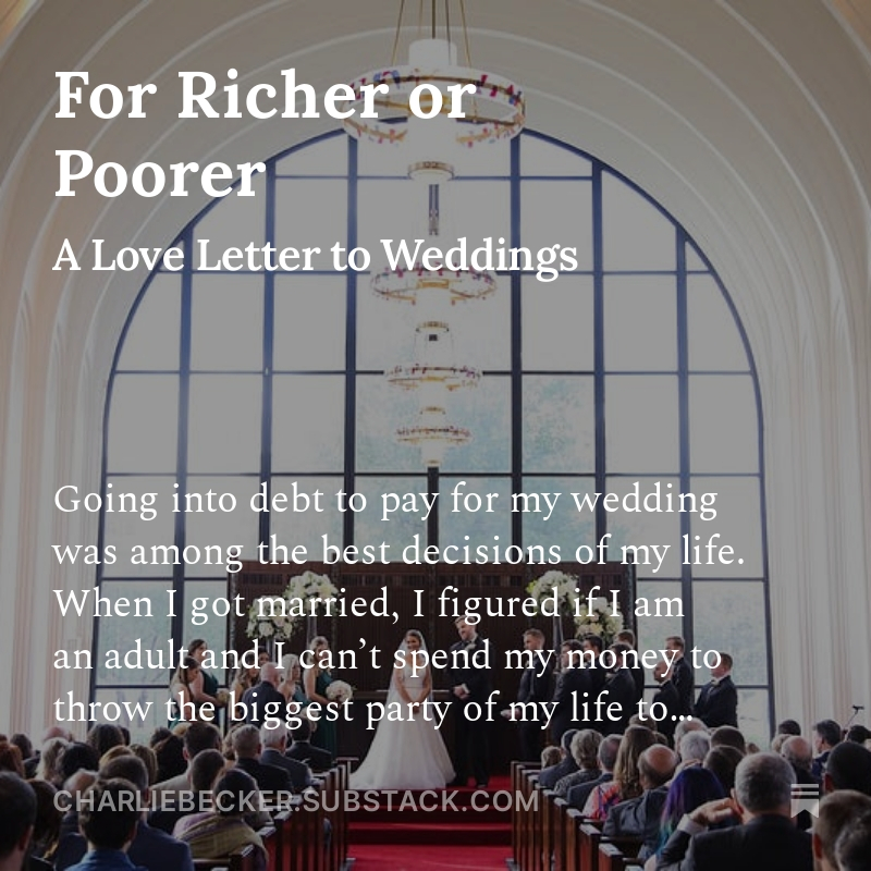 Charlie D. Becker (@charliedbecker) on Twitter photo <a href="/AprilynneAlter/">Aprilynne Alter</a> "Going into debt to pay for my wedding was among the best decisions of my life. When I got married, I figured if I am an adult and I can’t spend my money to throw the biggest party of my life to celebrate marrying the woman of my dreams, then what the hell is the point of any of <a href="/AprilynneAlter/">Aprilynne Alter</a> "Going into debt to pay for my wedding was among the best decisions of my life. When I got married, I figured if I am an adult and I can’t spend my money to throw the biggest party of my life to celebrate marrying the woman of my dreams, then what the hell is the point of any of