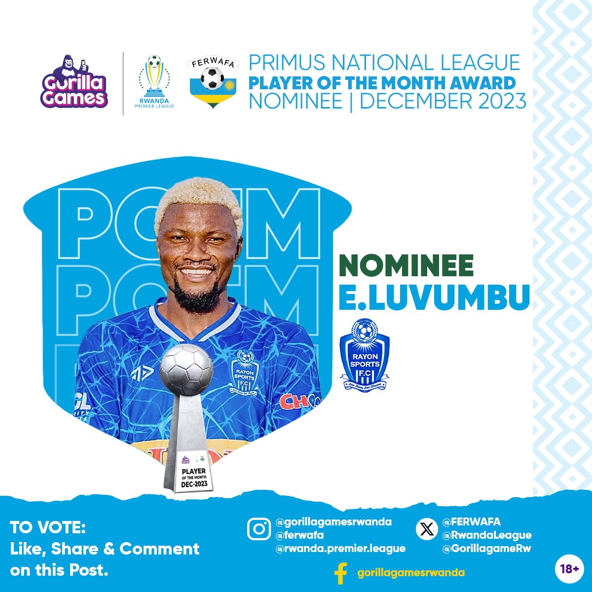 Gutora “NZINGA HERTIER LUVUMBU (Rayon Sport) nk'umukinnyi w'ukwezi

Kora like,retweet na comment kuri iyi foto. 

Gutora  bizarangira kuwa Gatandatu  tariki 13 Mutarama 2024.