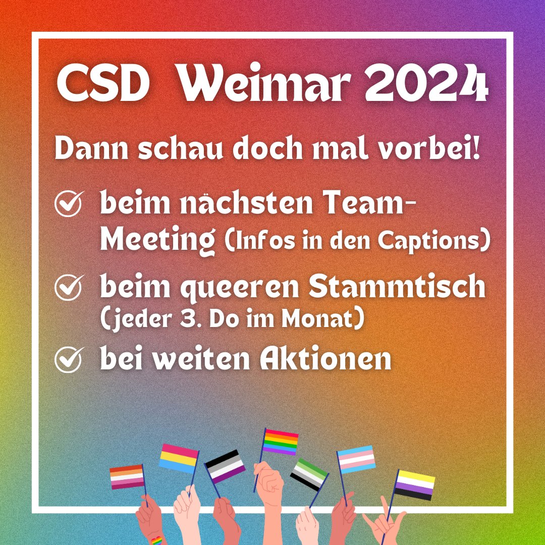 CSDWeimar's tweet photo. WIR SUCHEN DICH! 🏳️‍🌈🏳️‍⚧️
Gestalte Deinen CSD Weimar 2024!

Du hast Lust, Dich und Deine Ideen mit einzubringen?
Dann komm doch zum Januar-Meeting! Gerade suchen wir den passenden Termin - trag' dich doch einfach in die Terminsuche ein! [1/7]

#CSDWeimar #CSDWeimar2024 #CSDThüringen https://t.co/aJ17V7SEk5
