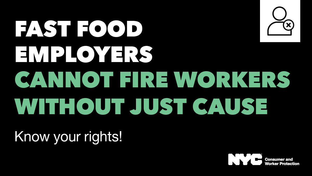 🎉 Happy #FairWorkweek Friday! Continuing another WIN for workers, the Federal Appeals Court upholds NYC's #JustCause protections for fast food workers! Know your rights: on.nyc.gov/3LEoQTN