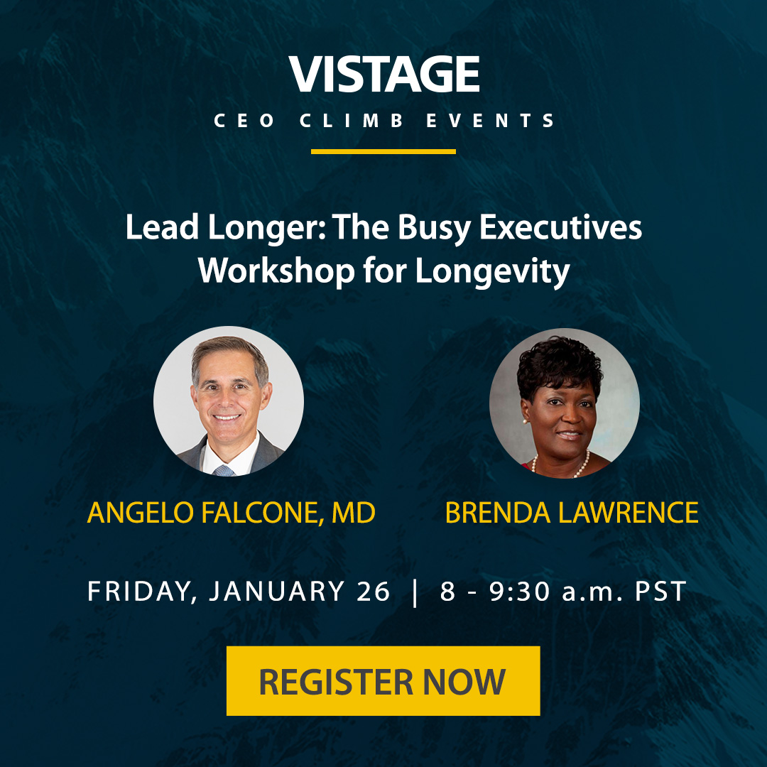 Join Angelo Falcone, MD and Brenda Lawrence on Friday, January 26 at 8 a.m. PST for our next #CEO Climb Event, Lead Longer: The Busy Executive's Workshop for Longevity. Register today: bit.ly/3tzVakV