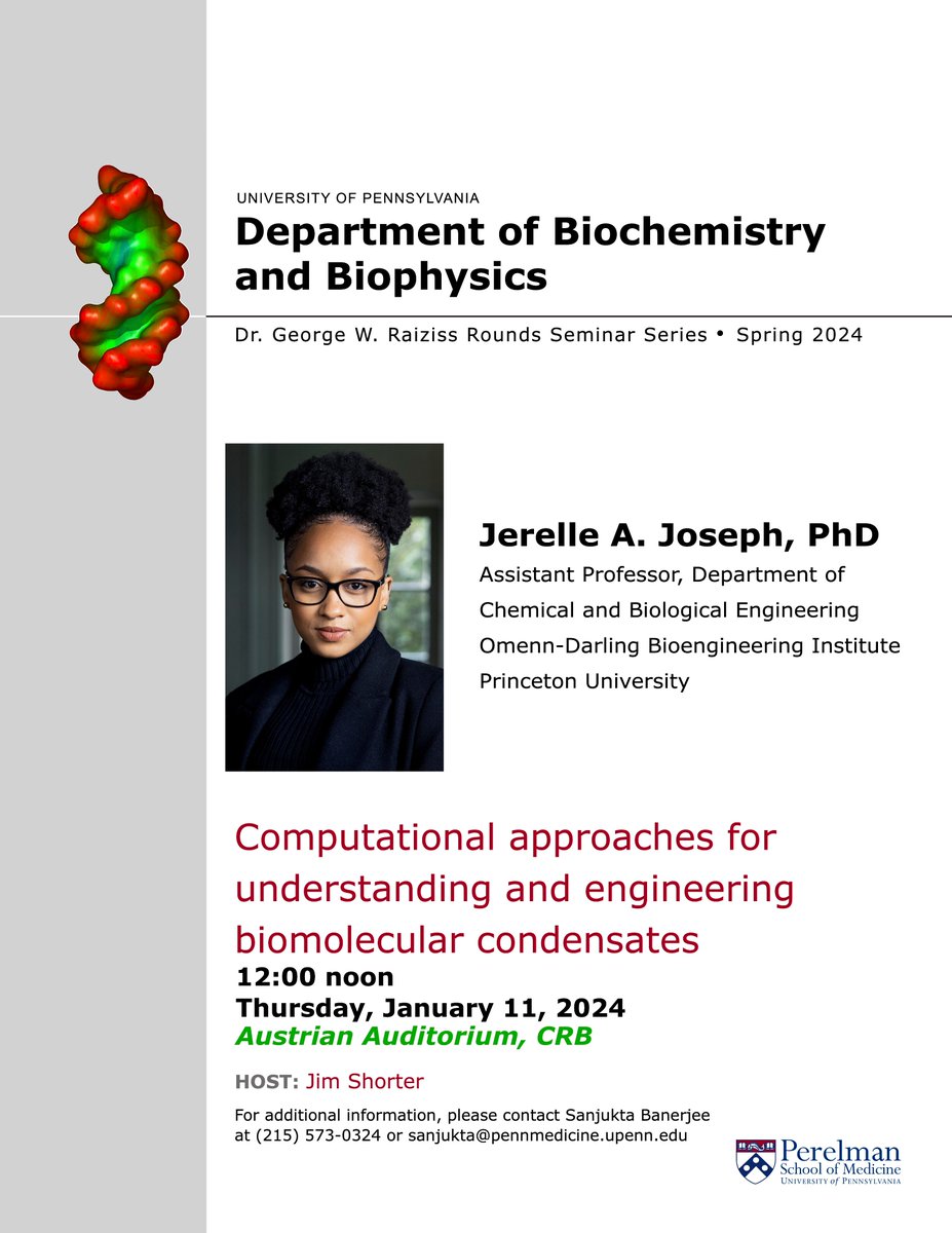 Excited to host <a href="/jerelleaj/">Jerelle A Joseph</a> for Raiziss Rounds seminar next week <a href="/BB_UPenn/">UPenn Dept of Biochem & Biophys</a> <a href="/Penn/">Penn</a> <a href="/BMBGGUPENN/">BBCB Graduate Group</a>!