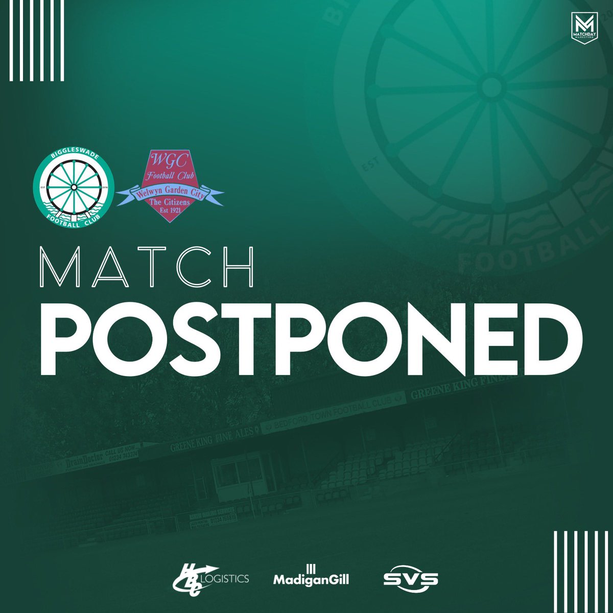 MATCH OFF | 💚⚽️❌ Due a waterlogged pitch & flooding in areas surrounding The Eyrie tomorrow’s scheduled fixture with @WGCFC is postponed. A new date will follow. Thank you to the Southern League & Welwyn Garden City for their support of an early decision on this 👏 #WeAreFC
