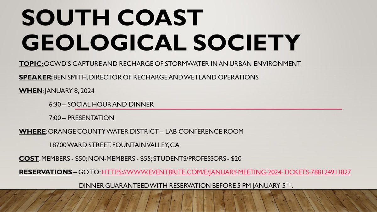 South Coast Geological Society January 2024 Meeting
January 8, 6:30pm
Orange County water District Lab conference room
Register:
eventbrite.com/e/january-meet…