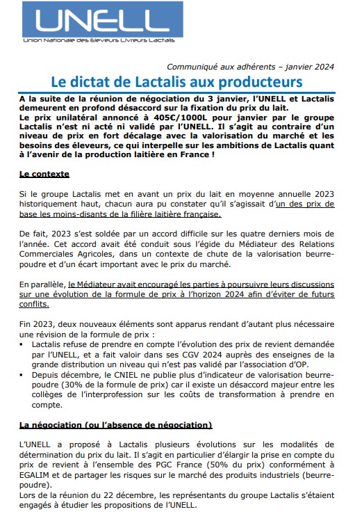 Claire_Hue's tweet photo. #prixdulait Négociations tendues entre Lactalis et l'Unell. La réponse de l'Unell au communiqué de Lactalis 👇 https://t.co/8rKTq92zR7