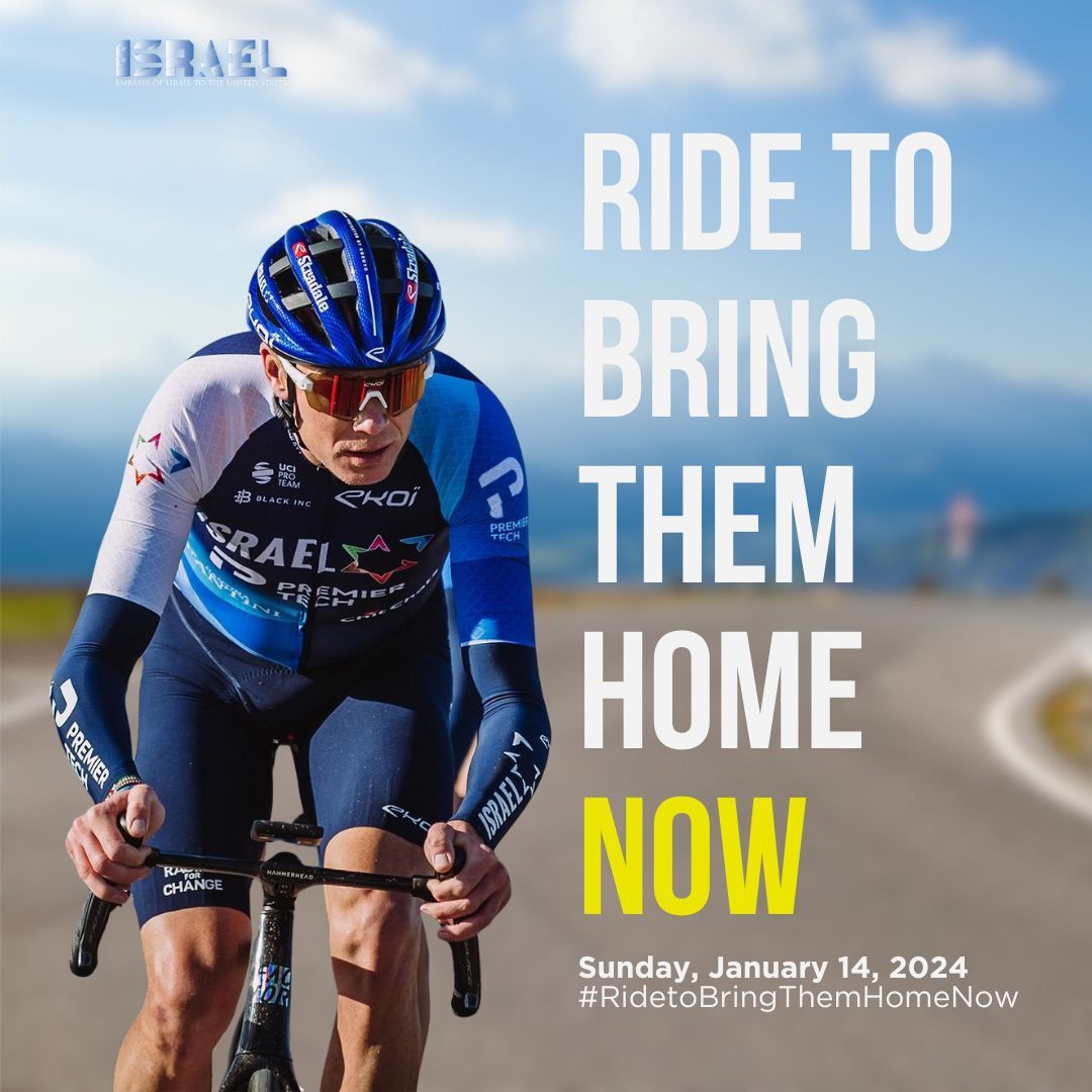 Cyclists worldwide are riding January 14th, to raise awareness of the 130+ hostages held captive by Hamas. Ride with a yellow ribbon on your bike as a symbol of solidarity. Share online using #RidetoBringThemHomeNow and #BringThemHomeNow. Unite and make a powerful statement! 🎗️🚲