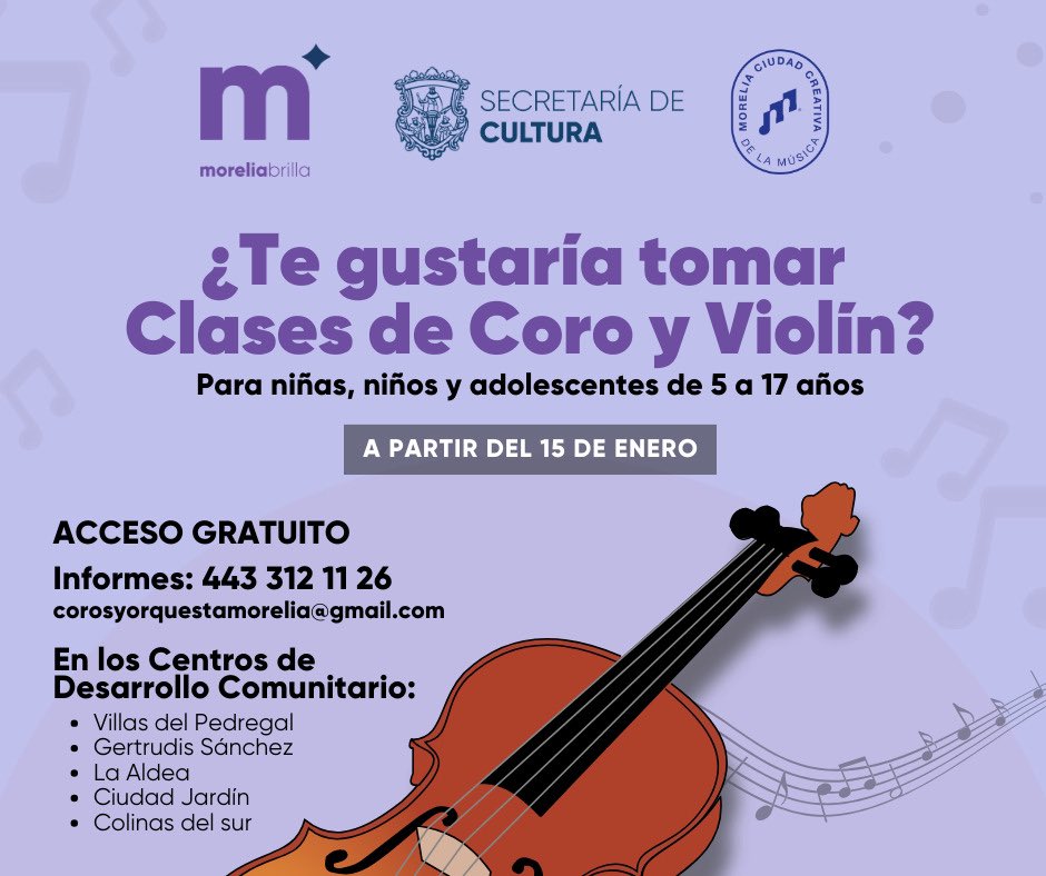 SeculMorelia's tweet photo. 🎻 ¿Tienes entre 5 a 17 años de edad, te gustaría tomar clases de coro y violín de manera gratuita?
Te invitamos a inscribirte al Programa de Coros y Orquestas Infantiles que se realiza en los Centros de Desarrollo Comunitario. 

#MoreliaEsCultura #MoreliaBrilla ✨ https://t.co/nYsjoopOEI