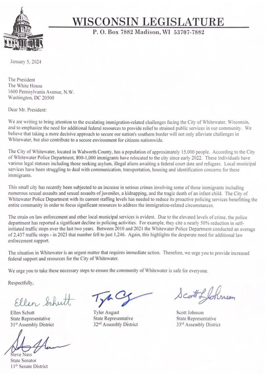 This morning my colleagues and I sent a letter to President Biden addressing the immigration-related challenges the City of Whitewater is facing.