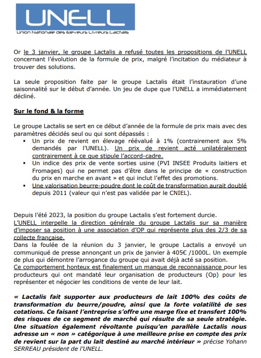 #prixdulait Négociations tendues entre Lactalis et l'Unell. La réponse de l'Unell au communiqué de Lactalis 👇