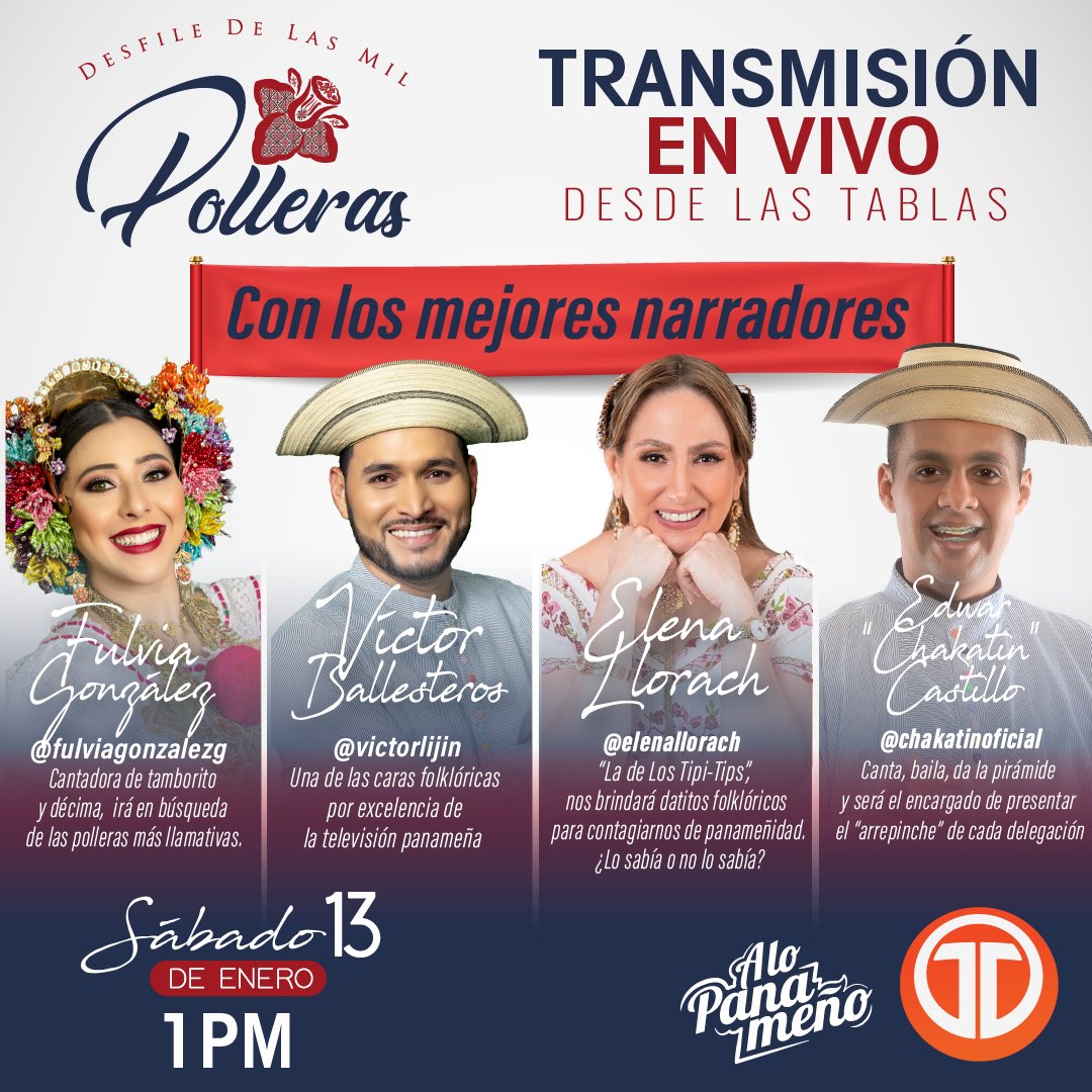 alopanameno's tweet photo. Pasión, Conocimiento y Experiencia ✅ Ellos serán los encargados de acompañarte y hacer docencia en uno de los eventos folclóricos más esperados, Desfile de las #MilPollerasTM 🦋 este SÁBADO 13 de enero, EN VIVO desde Las Tabla 🇵🇦
#TaMasBueno https://t.co/cTb3KUfL4L