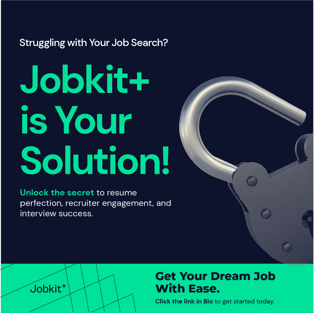 UpSkillng_'s tweet photo. Transform your job search with Jobkit+.

Elevate your resume with personalised optimisation, craft standout cover letters, and ace interviews with confidence.We're more than a platform; we're your strategic career partner.

Click on the link in our Bio to get started. #jobseeker https://t.co/y7aZ7rpVcF