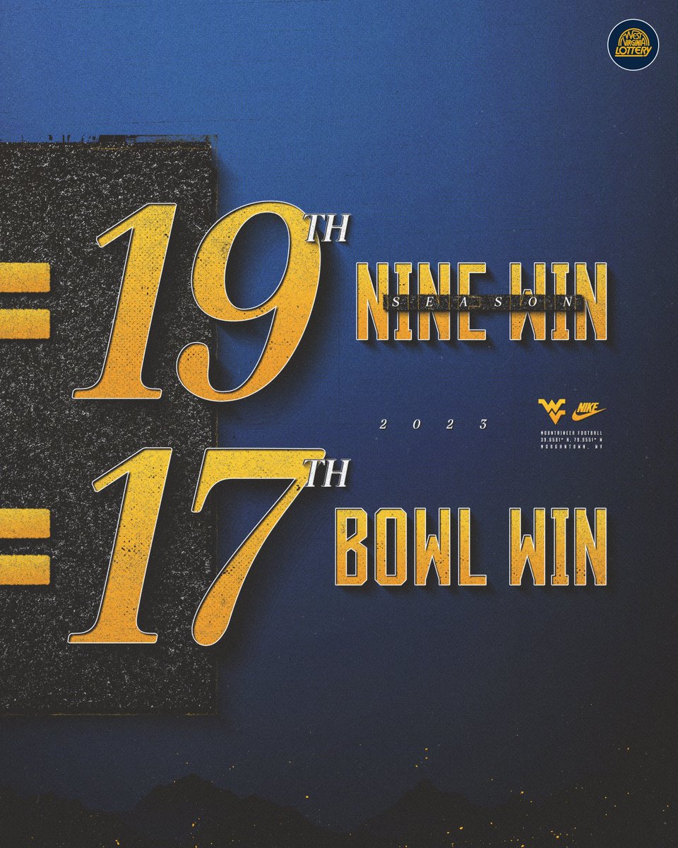 WVUfootball's tweet photo. 2023, by the numbers 🔢

@WVLottery | #HailWV https://t.co/S9JbXrnJwg